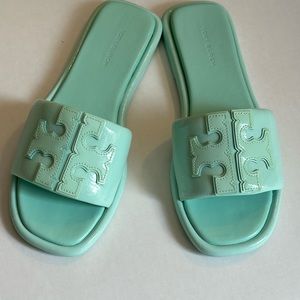 Tory Burch light blue Double T soft padded patent leather slides